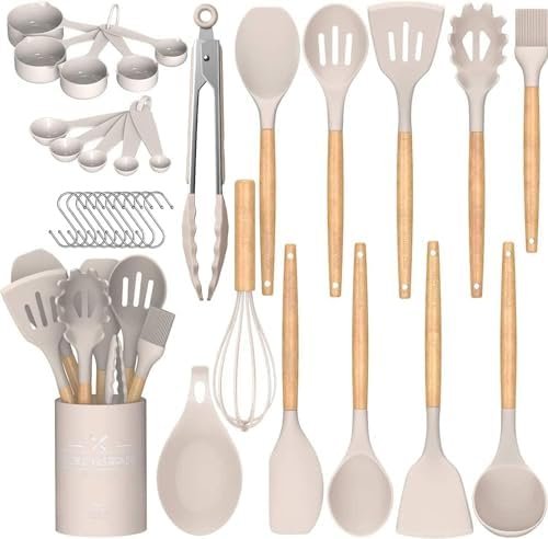 33-Piece Silicone Kitchen Utensils Set with Wooden Handles
