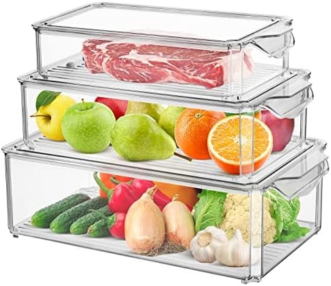 Fridge Organiser Bins Set of 3 with Lids, Clear Stackable Food Storage Containers