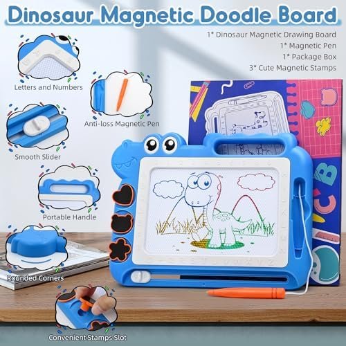 Dinosaur Magnetic Drawing Board for Kids, Erasable Doodle Pad with Stamps & Pen - Image 3