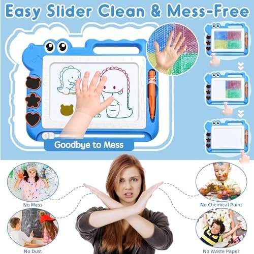 Dinosaur Magnetic Drawing Board for Kids, Erasable Doodle Pad with Stamps & Pen - Image 4