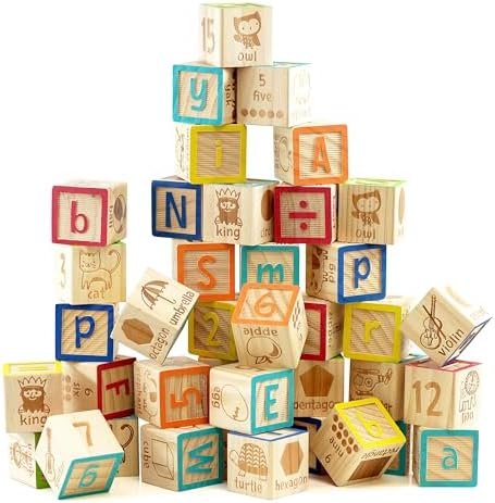 Wooden ABC Blocks & Number Set, 40 Piece Educational Learning Toy, 18 Months+