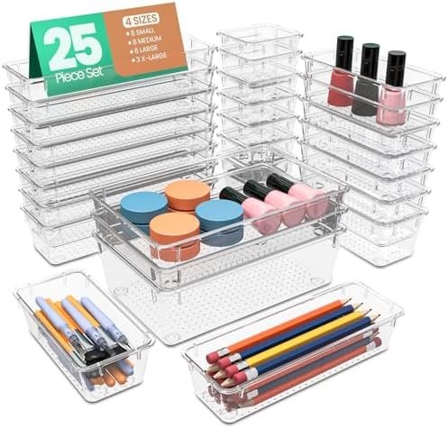 Clear Makeup Drawer Organiser Set, 25-Piece Vanity Storage Bins
