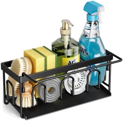 Kitchen Sink Caddy, Stainless Steel Sponge Holder with Drain Tray, Compact Sink Organiser for Sponges, Soap & Brushes